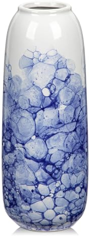 Hollyone Vase en céramique bleu et blanc 30 cm pour fleurs, vase chinoiseries pour décoration intérieure, poterie faite à la main