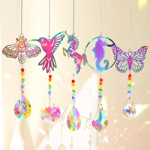 LPKADQA Kristall-Sonnenfänger: Kolibri, Schmetterling, Pferd, Hippocampus Japonicus - 5 Stück, K9-Kristall, Hängend, Hochzeit, Modern, Geometrisch, Mehrfarbig, Regenbogen, Tier