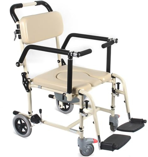 Dusch Toilettenstuhl Fahrbar Nachtstuhl,Duschstuhl mit Rollen,Commode Toilet Chair for Bedroom,Die Armlehnen sind hochklappbar,Mit Bettpfanne, Rollen, Fußpedal A