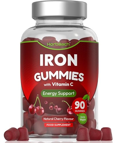 Eisen Vitamin C Gummibärchen Hochdosiert | 14mg Eisen & 40mg Vit C | 90 Vegane Iron Gummies | Kirschgeschmack | Immunsystem, Stoffwechsel (EFSA) | Alternative zu Eisentabletten | von Horbaach