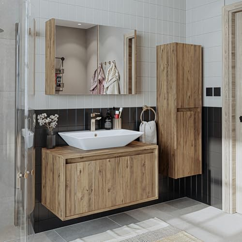 ROOMART, Badezimmer Möbel Set, Atlantic, 4 Teilig, 85 cm Unterschrank mit Keramikwaschbecken, Spiegelschrank, Hochscrank (Eiche)