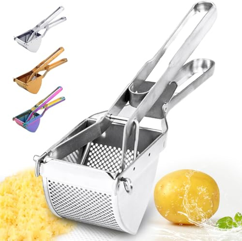 QRU Large Potato Ricer, Heavy Duty Stainless Steel Potato Masher for Commercial and Home Use, Fruit Press Baby Food Masher (Silver)