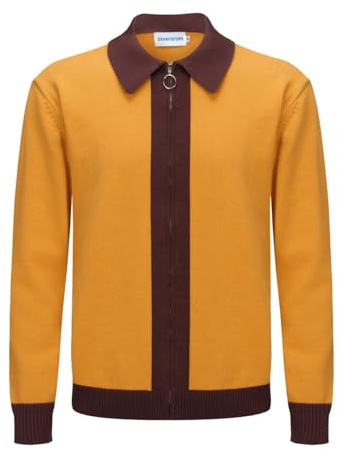 OXKNIT Herren Retro Strickjacke Pullover für Männer, Casual Strick Gelb Braun Langarm Poloshirt, Reverskragen-Stil mit Reißverschluss