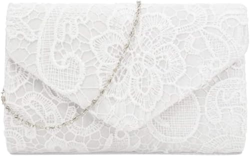 Fioeyr Clutch-Tasche mit Spitzenumschlag, Damen-Clutch, Blumenmuster, Spitze, elegante Handtasche für Partys und Hochzeitsanlässe, 01 weiß, 8.66 (W) x 1.97 (D) x 5.51 (H)
