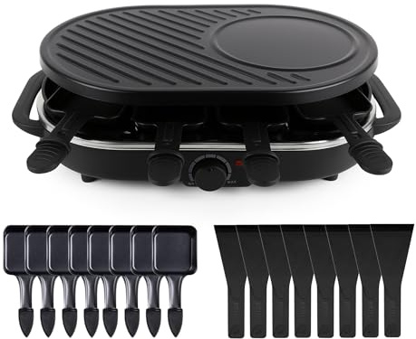 Raclette Set for 8 People, Table Barbecue with Frying Pans and Scraper, Non-Stick Stone Baking Tray and Plate Rectangular (Round)