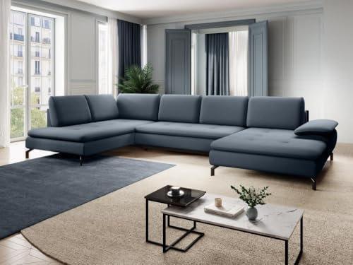 Vente-unique-Große Wohnlandschaft mit Schlaffunktion - Ecke Links - Strukturstoff - Blau - Archibald