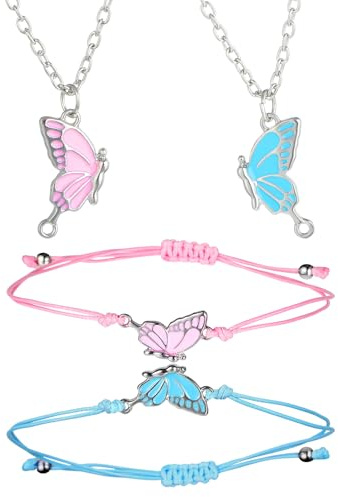 4Pcs Butterfly Best Friend Necklace and Best Friend Bracelet Set Enamel Mutual Attraction Matching Friendship Bracelets Bff Necklace for 2 Girls Halloween Jewelry Birthday Party Gift for Girls
