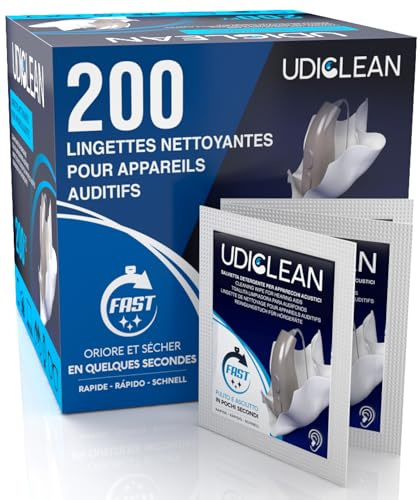 200 einzeln verpackte schnell trocknende Udiclean-Hörgeräte-Feuchttücher entfernen Schweiß Wachs und Schmutz mit sofortiger Wirkung