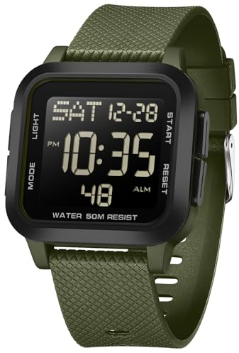 findtime Eckige Digitaluhr Herren Quadratische Militär Uhr 5 ATM Wasserdicht Outdoor Armbanduhr Sportuhr Tactical Watch Military Stoppuhr Sport 12/24H Wecker Alarm LED Kalender Countdown Chronograph