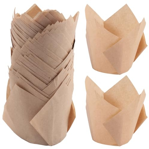 GOSER 50 Pièces de Doublures de Cupcakes, Doublures de Cupcakes et de Muffins en Papier de Cuisson Tulipe, Moules de Cuisson Non Blanchis, Couleur Peau de Vache