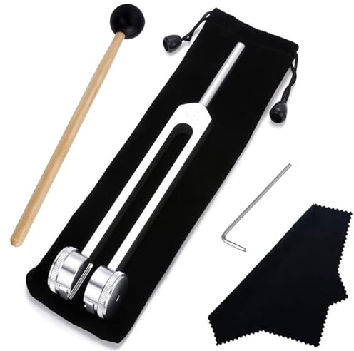 5 Stück Stimmgabel Set mit Silikonhammer, Reparaturwerkzeug, Reinigungstuch, 128Hz Aluminiumlegierung Stimmgabel Angebot Genaue Frequenzgang, Stimmgabeln Instrument für Klangtherapie Heilung(Silber)