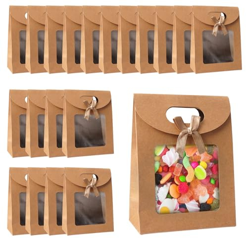 KineticKraft 20 Stück Geschenktüten Mit Fenster 16x12x6cm, Papiertüten Mit Griffen, Papiertüten Mit Sichtfenster, Geschenktüten, Süßigkeiten