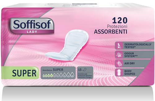 Soffisof Lady Super - 120x Assorbenti Femminili Post Parto per Perdite Urinarie - 8 Confezioni da 15 Assorbenti Post-Parto Incontinenza Donna - Assorbenza fino a 4 Gocce