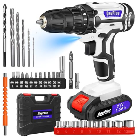 21V Cordless Drill Driver, Handheld Screwdriver Drill Set with 1.5Ah Li-ion Battery, 25+1 Torque, 3/8 Chuck Power Electric Drills, 2 Speed, 30Pcs Accessories, LED Light for Home & Garden DIY Project