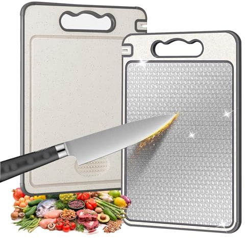 Chopping Boards for Kitchens,Food-Grade Double-Sided Cutting Board | 304 stainless Steel &Wheat Straw, Built In Sharpener, Easy To Clean, Ideal For Meat, Vegetables And Fruits