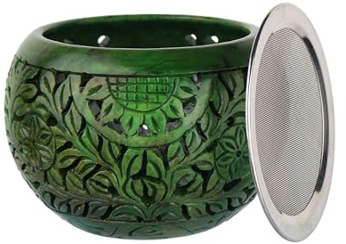 NKlaus Incienso de esteatita, redondo, verde, tallado a mano con motivos florales, 10,4 x 14,2 cm, quemador de incienso decorativo con colador y vela de té para resinas, meditación y decoración
