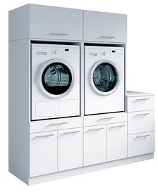 Laundreezy Waschraum Komplett-Set, Weiß - Modulares Schranksystem für Waschküche & Hauswirtschaftsraum - 186 x 200 x 68 cm (B/H/T)