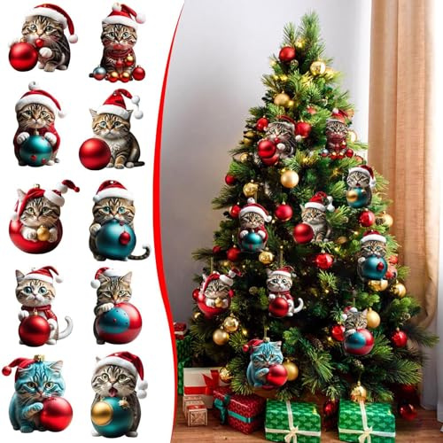 Weihnachtsbaumschmuck Katze, 10 Pcs Weihnachtsbaum Anhänger, Christbaumschmuck Katze, Katzen Anhänger Weihnachten, Katzen Weihnachten Deko, Weihnachtsbaumschmuck Lustig für Christbaumschmuck