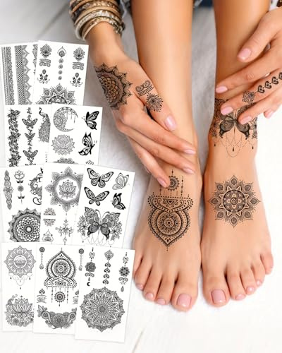 10sheets Black Henna Temporary Tattoos Mandala Flower Tatoos Lace Mehndi Mandala Flower Tatoos Waterproof Lotus Fake Jewelry Pendant Butterfly Tattoo Stickers Party Favor Supplies Decoration