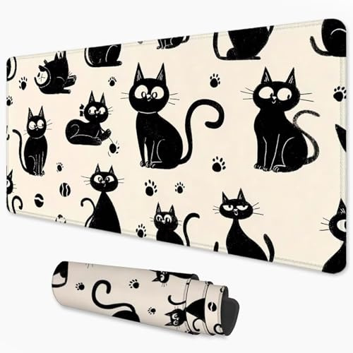 Mouse Mat Black Gaming Mouse Pad xxl 500x250 mm non Slip Desk Mat, Cat Extended Large Mousepad Waterproof & Stitched Edges Mouse and Keyboard Mat for Home, Office, Gaming Room 20x10 inch 3Y-372
