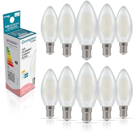 Crompton Lamps Filament Candle LED Light Bulb SBC-B15d | 2.2W = 25W Equivalent | Warm White 2700K | Energy Efficient | Small Bayonet Lightbulb | Long Life 15000-Hrs | Pearl Glass | Dimmable | 10-Pack