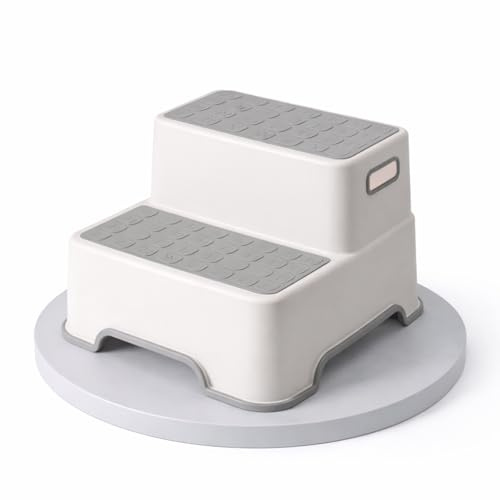 Greenfields Kids Step Stool Double Layer, Non-Slip Toddler Footstool with Rubber Base, Reinforced Design, Educational Letters Surface, Bathroom Sink Stool - Grey