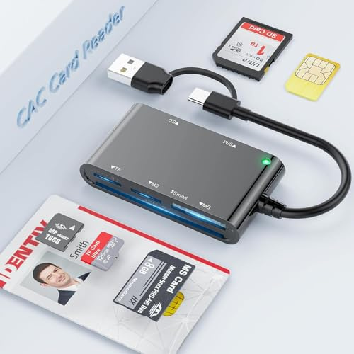 7in2 USB-A + USB-C CAC Smart ID Card Reader DNI eID ID Identity Card Reader | SIM/SD/TF/M2/ID/IC/PIV Reader Compatible with Windows,Linux,MacOS,Support ISO 7816 Class A / B / C, Plug and Play