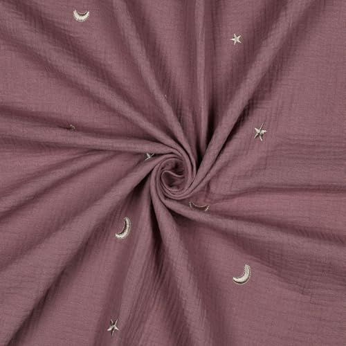 Musselin Stoff Double Gauze mit Stickerei STARS – 100% Baumwolle – 135 cm breit – 135 g/m² – 7 Farben – Meterware ab 50 cm – Baby Stoff für Kleidung Betthimmel Gardinen (old lilac)