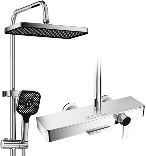 YJYAJIE Colonne De Douche Avec Mitigeur, SystèMe De Douche Avec Douche à Effet Pluie 30x20cm, Douchette à Main 4 Types de Jet,Bec De Baignoire Caché, Chromé