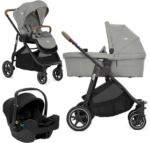 Joie 3in1 Kombi Kinderwagen Set Versatrax inkl. Babywanne Ramble XL, Babyschale SnugLite & Adapter | Kinderwagen mit Sportsitz ab Geburt bis 22 kg | gefedert & faltbar, inkl. Zubehörpaket – Pebble