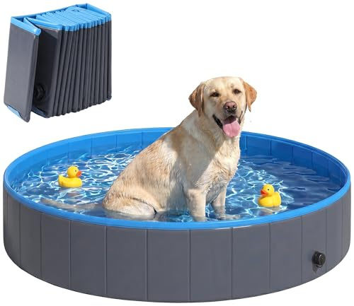 PawHut Hundepool für Große und Extra Große Hunde Faltbare Hunde Planschbecken 160 x 30 cm Hundebadewanne rutschfeste Schwimmbecken Hundeplanschbecken für Enten, Innen- und Außen, Dunkelgrau