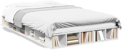 QJBSAVVA Bettgestell Weiß 135x190 cm, Modernes Holzbett mit Lattenrost und Integriertem Stauraum, Fächer-Design Palettenbett, Stabiles Doppelbett Jugendbett für Schlafzimmer