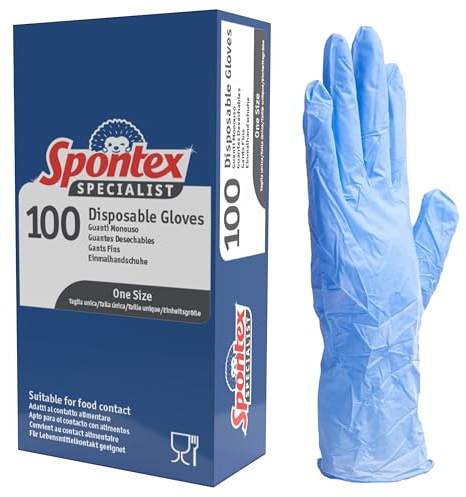 Spontex Specialist Disposable Nitrile Gloves | One Size | Blue | 100% Food Safe | Protects Against Stains & Odours | Latex & Powder-Free | Recyclable | 100 Pack