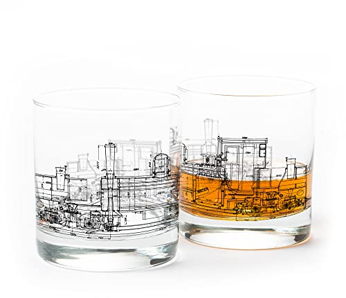 Black Lantern Whiskey Glasses Set of 2 – 11oz Heavy Base Old Fashioned Rocks Glasses – Screen Printed Designs with Gift Box (Locomotive Blueprints)