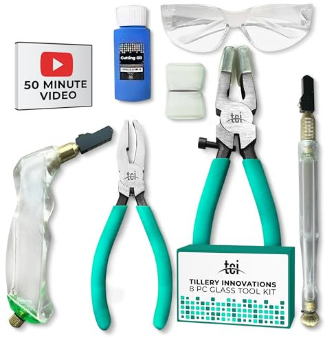 Professional Seven PC Stained Glass Tool Kit with Instructional Cutting Video, Oil Filled Pistol Grip Cutter, 1” Running Pliers, Breaking and Grozer Pliers, and 2 oz of Cutting Oil