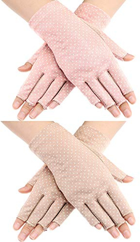 Maxdot Fingerless Gloves Non Slip UV Protection Driving Gloves Summer Outdoor Gloves for Women(2 Pairs,Pink and Khaki)