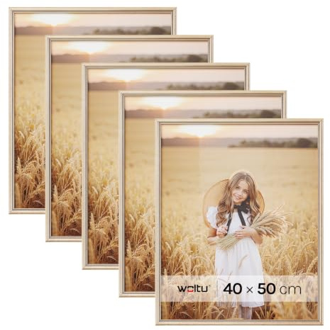 WOLTU Bilderrahmen 40x50, 3er set, Massivholz Fotorahmen mit Passepartout | Gold, Front aus PS-Platte, Posterrahmen zum vertikalen oder horizontalen Aufhängen und Aufstellen, Collage Wanddeko