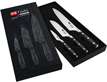 Vogue Tsuki Series 7 Three Piece Gift Set, Contains 3 inch Paring Knife, 5 inch Santoku Knife and 8 inch Chef's Knife, Professional and Home Chefs, CR403 | Includes 3-inch paring, 5-inch Santoku and 8-inch chef knives to cover all prep tasks in professional kitchens.