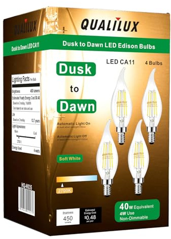 Qualilux Dusk to Dawn Candelabra Bulbs Outdoor, CA11 Vintage, Candle Flame Tip Full Glass, Non-Plastic, Soft White 2700K, 4W=40W, 450LM LED Light Sensing Auto On/Off Bulb, E12 Base, 4-Pack, HQ-H035