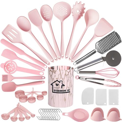 UXIYI Ensemble d'ustensiles de Cuisine en Silicone, Ensemble d'ustensiles de Cuisine 44pcs Silicone, Ensemble de spatules d'ustensiles de Cuisine pour ustensiles de Cuisine antiadhésifs,Rose