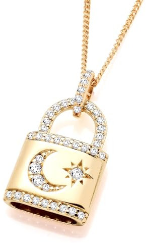 Old English Jewellers 9ct Yellow Gold on Silver Cubic Zirconia Moon Crescent Star Padlock Pendant Necklace + 16 18 20 inch Chain (0)