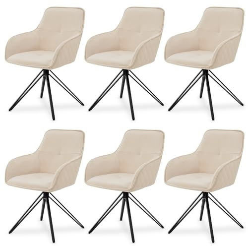Juskys set da sei sedie girevoli Clyde con braccioli – Rivestimento in morbido velluto beige – Sedie moderne per sala da pranzo – Poltroncine imbottite – Caricabili fino a 120 kg