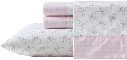 Laura Ashley - Sheet Set, Breathable Percale Cotton Bedding, 200 Thread Count, Deep Pocket, Chic Home Decor (Lynda Pink, Full)