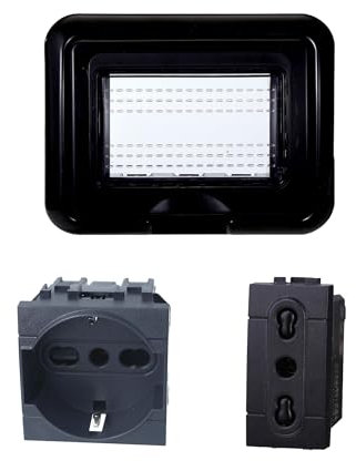 Kit Placca Scatola 503 Premontato IP55, 3 Moduli Presa Schuko + Presa Bipasso 10/16A, Compatibile Con Bticino Living, Colore Nero, Placca Stagna Idrobox Incasso Da Esterno