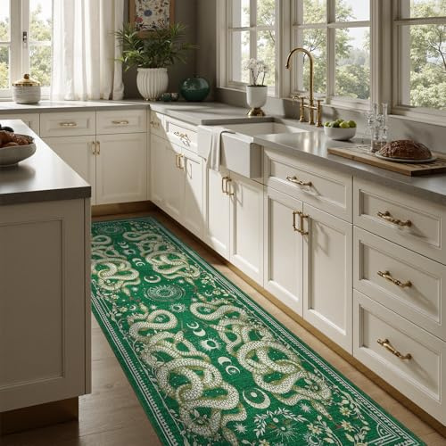 DCX 2x6 Washable Snake Rug for Living Room, Non Slip Low Pile Rug, Green