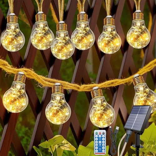 Electight Luci solari da giardino, 12,5 m, corda di canapa a festoni con telecomando, 20 lampadine impermeabili infrangibili, 8 modalità/timer, per decorazioni vintage, giardino, patio, gazebo