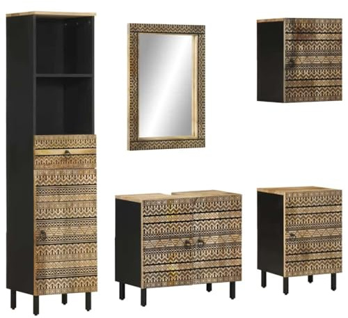 SooIarix 5-TLG. Badmöbel-Set aus Massivholz Mango, Badezimmer Schrank Set mit Spiegel, Waschbeckenunterschrank, Robustes Holz für stilvolle Bäder