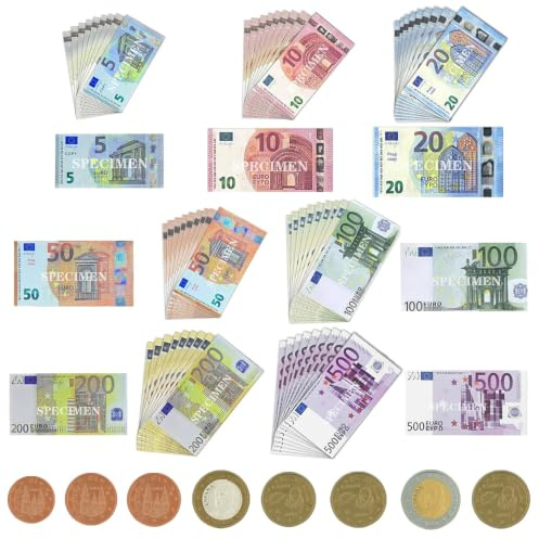 XingRuize 180 Billets Factices Euro, Billets pour Jouet, Comprend 7 Coupures 5/10/20/50/100/200/500, 20 Billets de Chaque Valeur, avec 40 pièces de Monnaie, pour Apprendre, Jouer à des Rôles