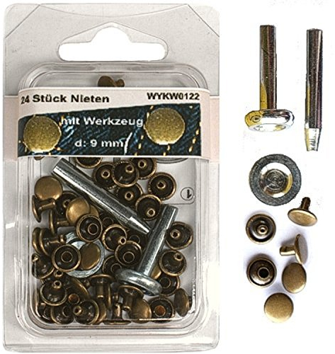 Lot de 24 rivets 9 mm en laiton vieilli avec outils (rivets creux) sous blister SB 0122