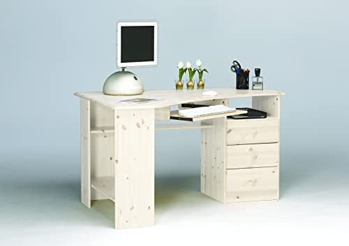 Steens Kent Schreibtisch/ Eckschreibtisch, 3 Schubladen, Tastaturauszug, 133 x 72 x 95 cm (B/H/T), Kiefer massiv, weiß